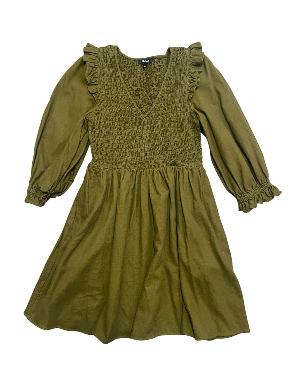 Madewell Flannel Lucie V-Neck Smocked Mini Dress Olive Green M